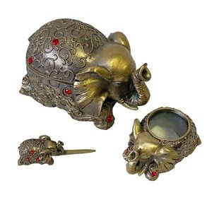 Vtg Bombay Brass Elephant 3-Pc Desk Set Trinket Box Magnifier Letter Opener